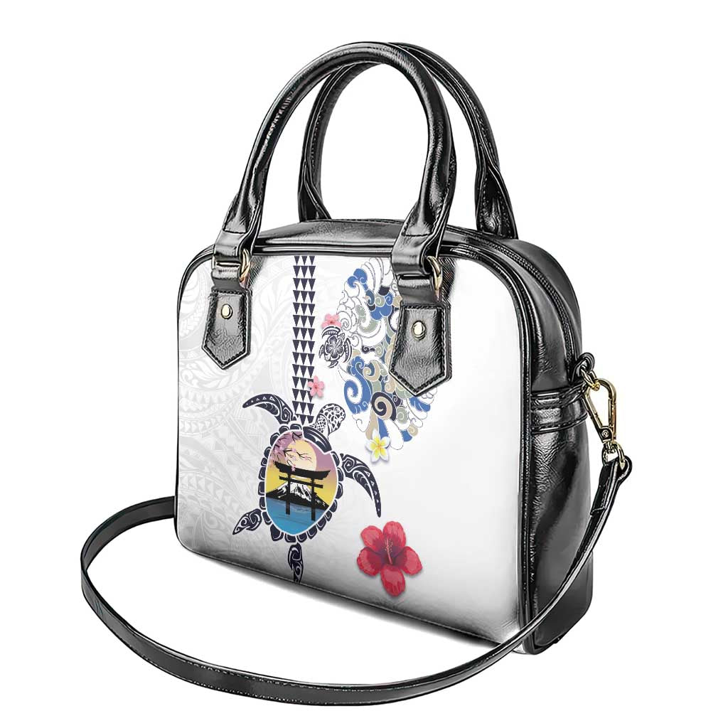 Hawaiian and Japanese Together Shoulder Handbag Japanese Culture and Turtle Kakau Tattoo White Color