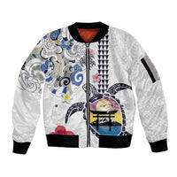Hawaiian and Japanese Together Sleeve Zip Bomber Jacket Japanese Culture and Turtle Kakau Tattoo White Color