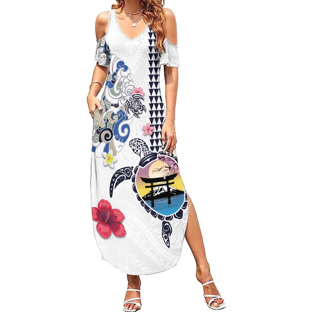 Hawaiian and Japanese Together Summer Maxi Dress Japanese Culture and Turtle Kakau Tattoo White Color