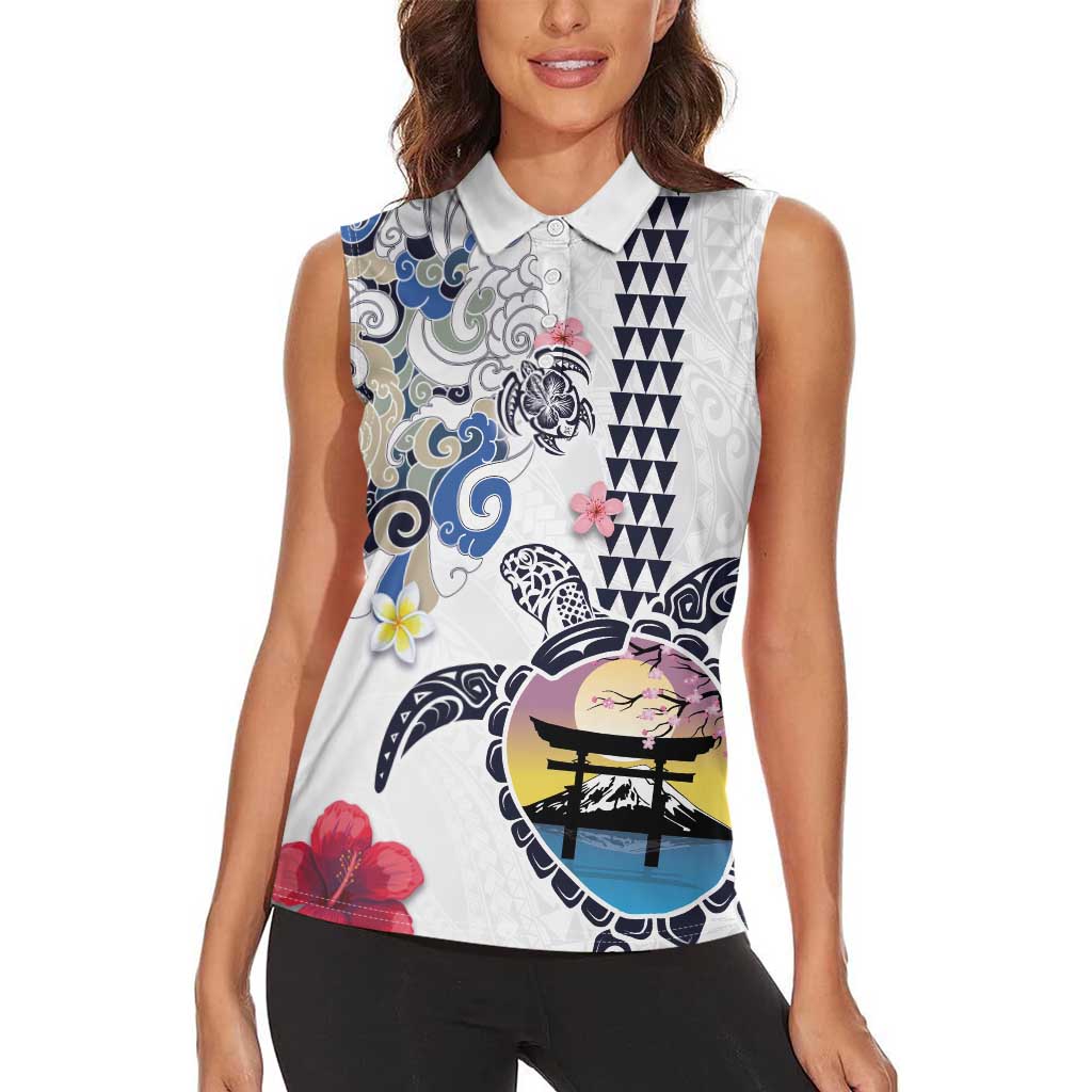 Hawaiian and Japanese Together Women Sleeveless Polo Shirt Japanese Culture and Turtle Kakau Tattoo White Color LT03 - Polynesian Pride
