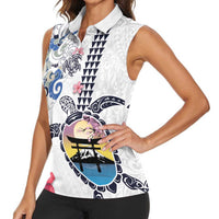 Hawaiian and Japanese Together Women Sleeveless Polo Shirt Japanese Culture and Turtle Kakau Tattoo White Color LT03 - Polynesian Pride
