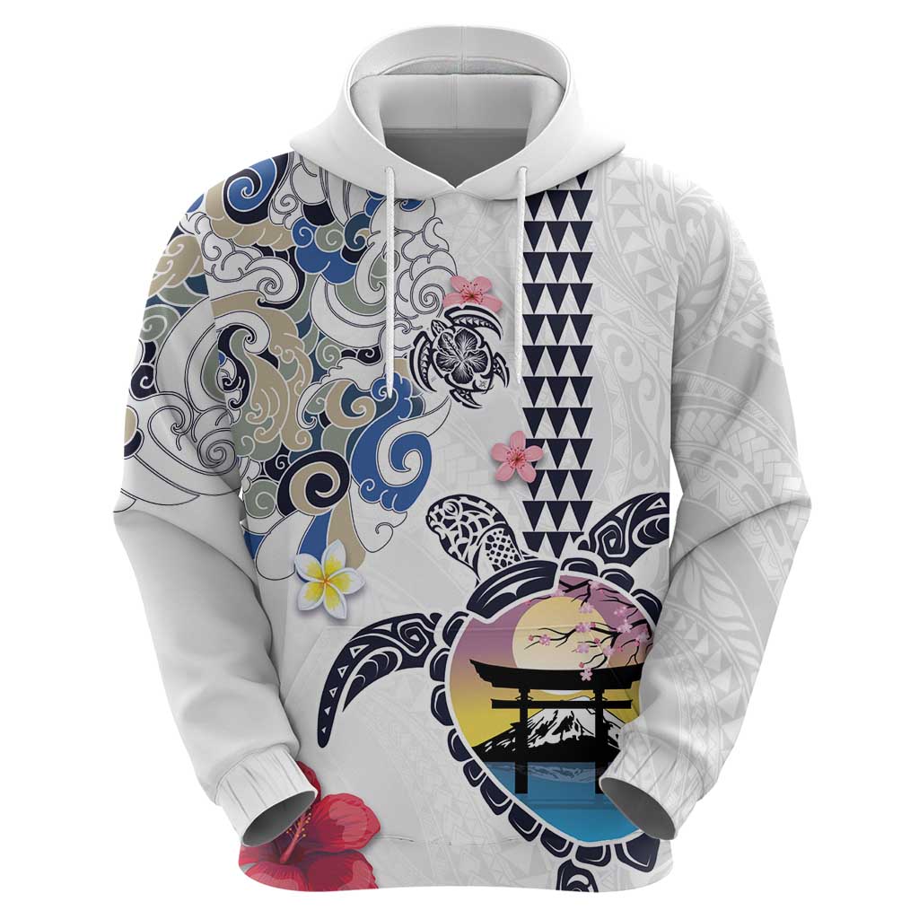 Hawaiian and Japanese Together Zip Hoodie Japanese Culture and Turtle Kakau Tattoo White Color