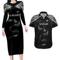 New Zealand Rugby Custom Couples Matching Long Sleeve Bodycon Dress and Hawaiian Shirt Aotearoa Armour Blacks Silver Ferns - Polynesian Pride