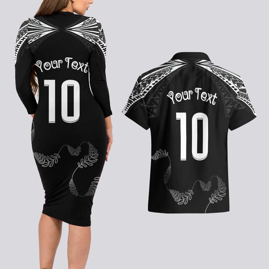 New Zealand Rugby Custom Couples Matching Long Sleeve Bodycon Dress and Hawaiian Shirt Aotearoa Armour Blacks Silver Ferns - Polynesian Pride