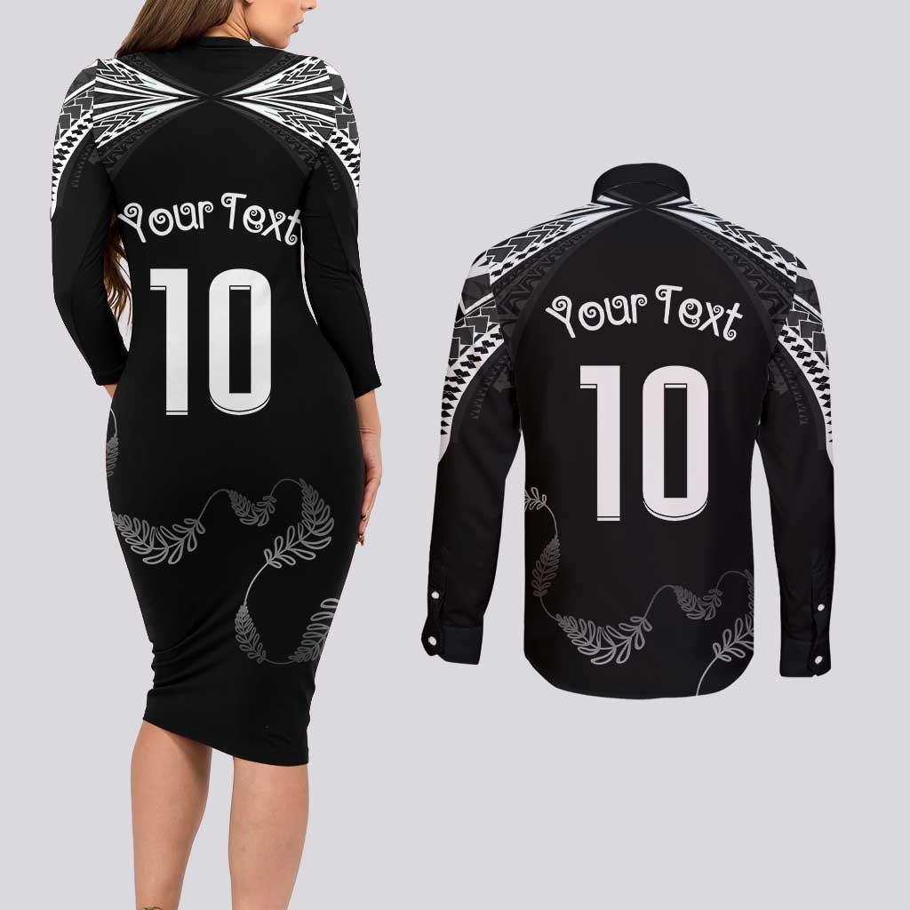 New Zealand Rugby Custom Couples Matching Long Sleeve Bodycon Dress and Long Sleeve Button Shirt Aotearoa Armour Blacks Silver Ferns - Polynesian Pride