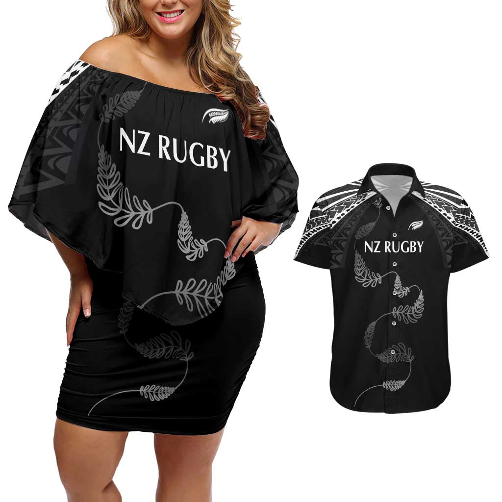 New Zealand Rugby Custom Couples Matching Off Shoulder Short Dress and Hawaiian Shirt Aotearoa Armour Blacks Silver Ferns - Polynesian Pride