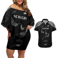 New Zealand Rugby Custom Couples Matching Off Shoulder Short Dress and Hawaiian Shirt Aotearoa Armour Blacks Silver Ferns - Polynesian Pride