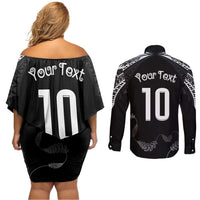 New Zealand Rugby Custom Couples Matching Off Shoulder Short Dress and Long Sleeve Button Shirt Aotearoa Armour Blacks Silver Ferns - Polynesian Pride