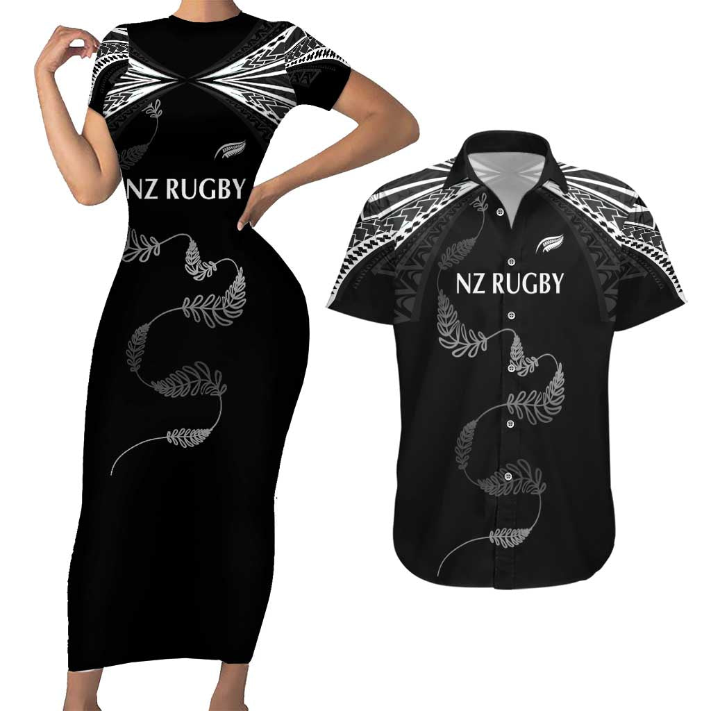 New Zealand Rugby Custom Couples Matching Short Sleeve Bodycon Dress and Hawaiian Shirt Aotearoa Armour Blacks Silver Ferns - Polynesian Pride