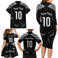 New Zealand Rugby Custom Family Matching Long Sleeve Bodycon Dress and Hawaiian Shirt Aotearoa Armour Blacks Silver Ferns - Polynesian Pride