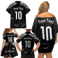 New Zealand Rugby Custom Family Matching Off Shoulder Short Dress and Hawaiian Shirt Aotearoa Armour Blacks Silver Ferns - Polynesian Pride