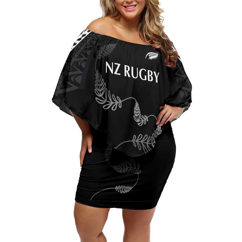 New Zealand Rugby Custom Family Matching Off Shoulder Short Dress and Hawaiian Shirt Aotearoa Armour Blacks Silver Ferns - Polynesian Pride