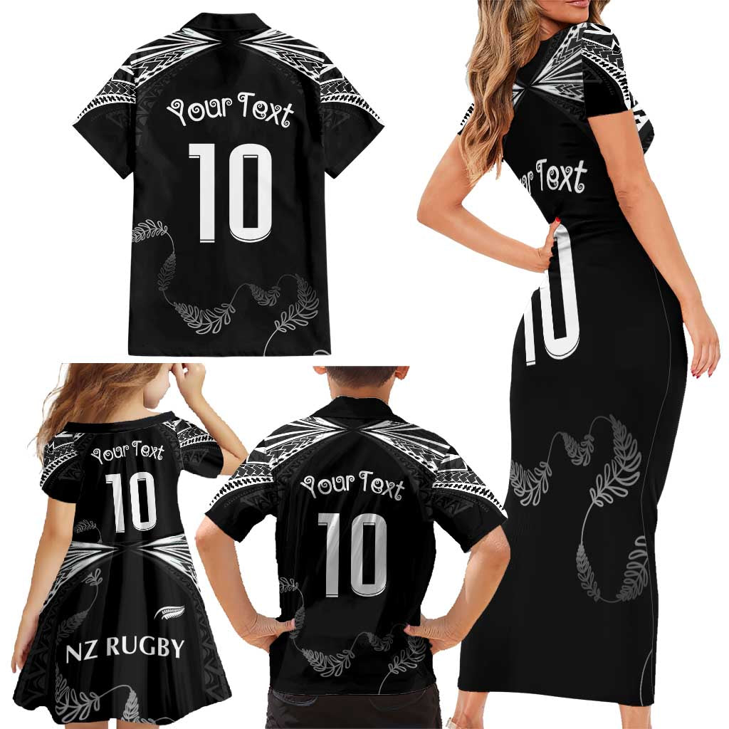 New Zealand Rugby Custom Family Matching Short Sleeve Bodycon Dress and Hawaiian Shirt Aotearoa Armour Blacks Silver Ferns - Polynesian Pride