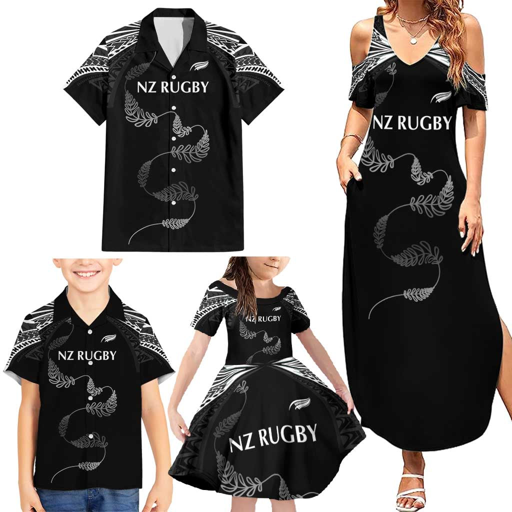 New Zealand Rugby Custom Family Matching Summer Maxi Dress and Hawaiian Shirt Aotearoa Armour Blacks Silver Ferns - Polynesian Pride