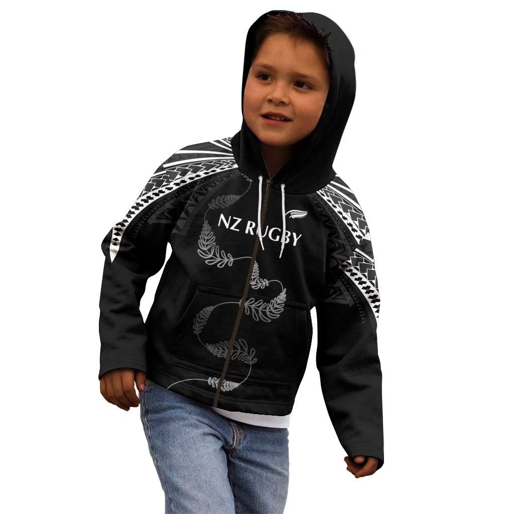 New Zealand Rugby Custom Kid Hoodie Aotearoa Armour Blacks Silver Ferns - Polynesian Pride