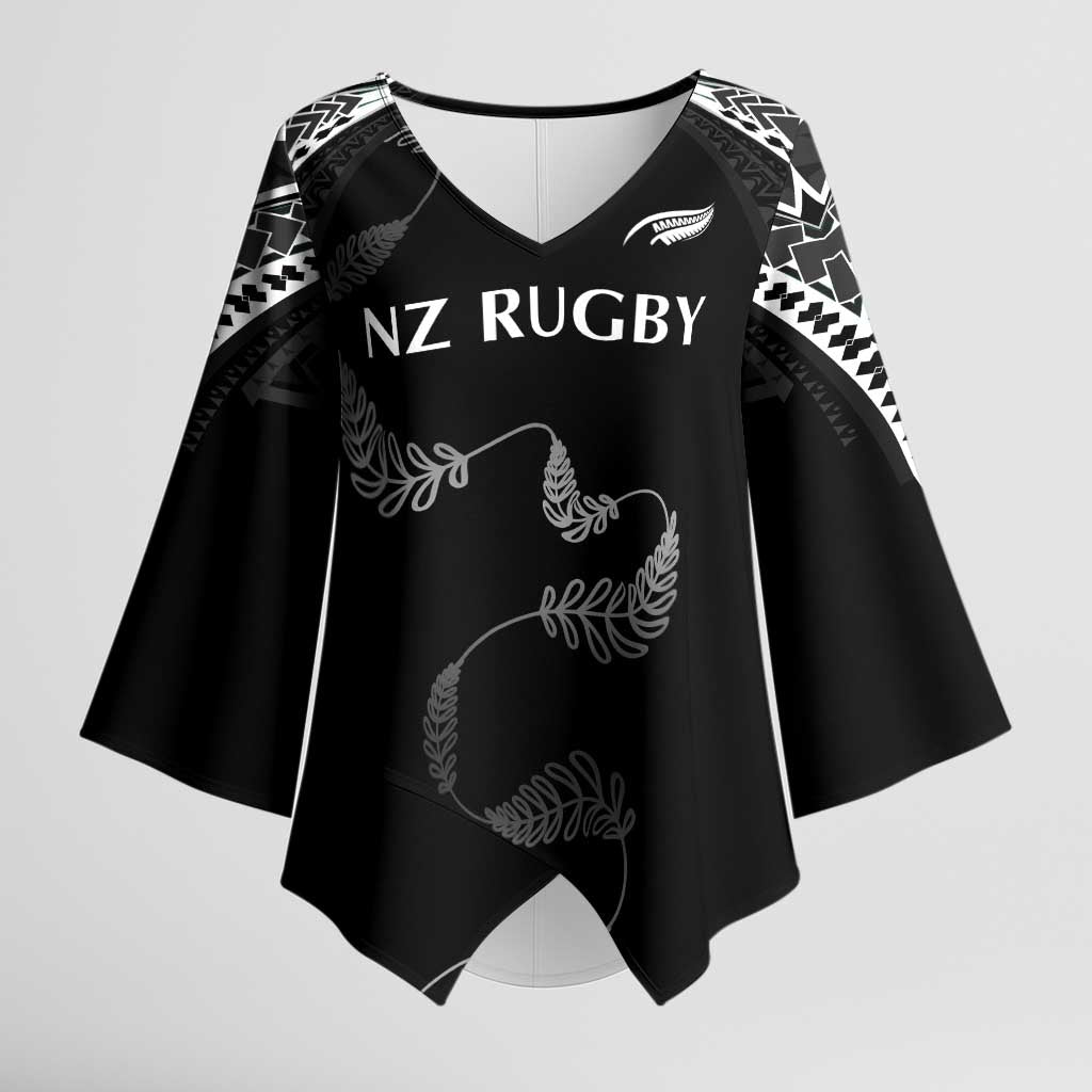 New Zealand Rugby Custom Kimono Sleeve Blouse Aotearoa Armour Blacks Silver Ferns - Polynesian Pride