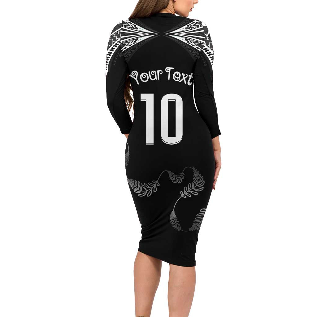 New Zealand Rugby Custom Long Sleeve Bodycon Dress Aotearoa Armour Blacks Silver Ferns - Polynesian Pride