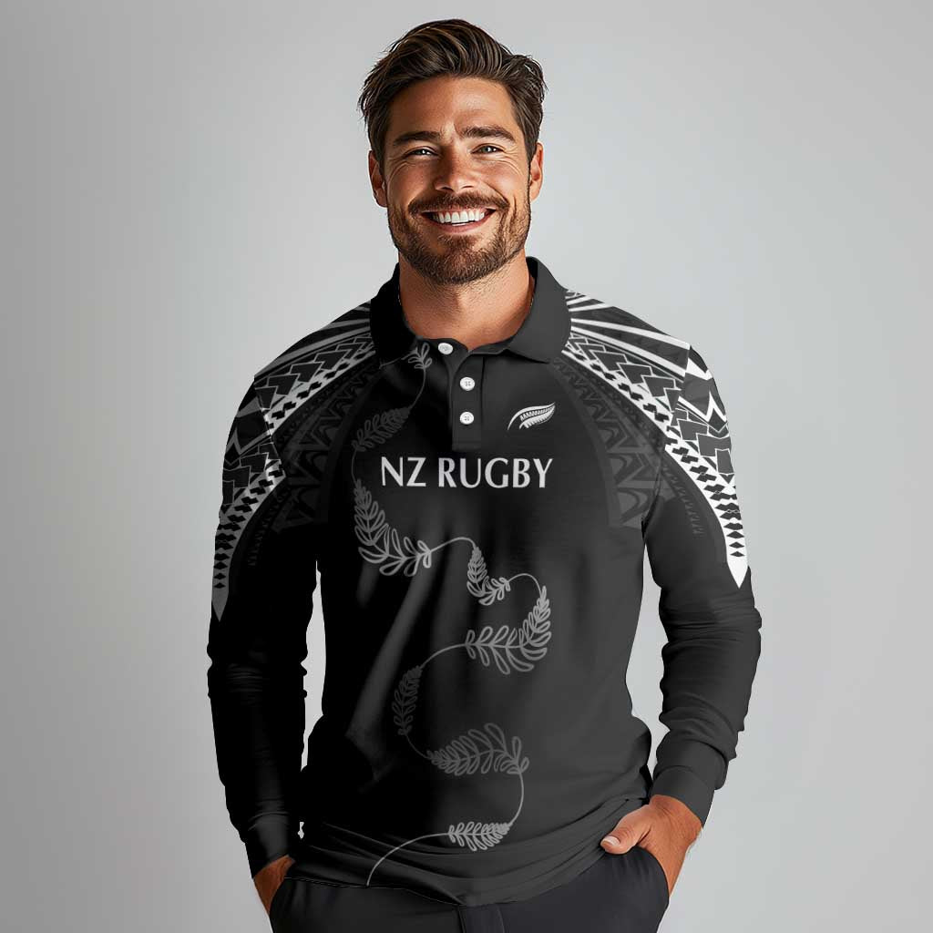 New Zealand Rugby Custom Long Sleeve Polo Shirt Aotearoa Armour Blacks Silver Ferns - Polynesian Pride