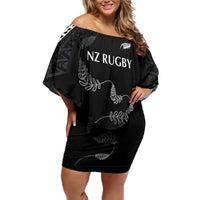 New Zealand Rugby Custom Off Shoulder Short Dress Aotearoa Armour Blacks Silver Ferns - Polynesian Pride