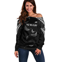New Zealand Rugby Custom Off Shoulder Sweater Aotearoa Armour Blacks Silver Ferns - Polynesian Pride