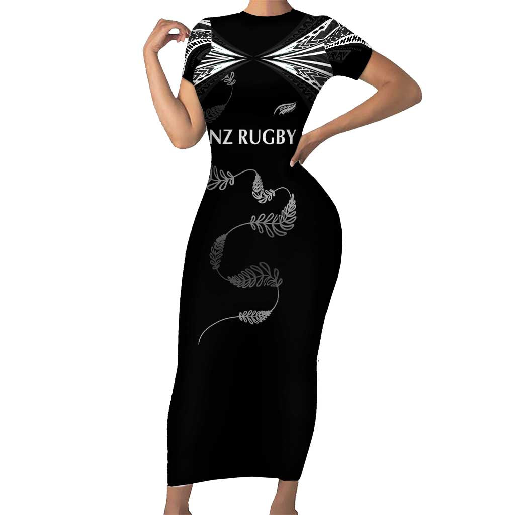 New Zealand Rugby Custom Short Sleeve Bodycon Dress Aotearoa Armour Blacks Silver Ferns - Polynesian Pride