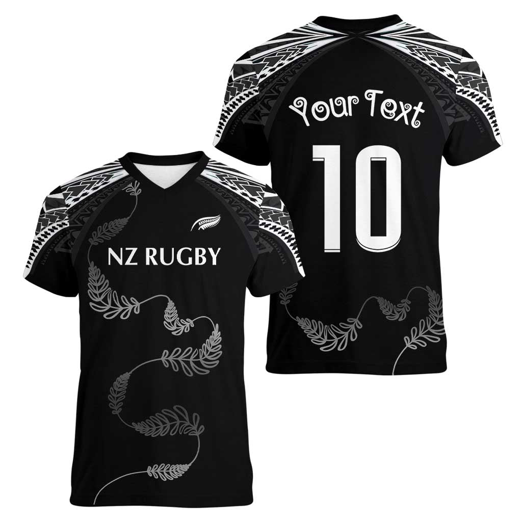 New Zealand Rugby Custom Women V-Neck T-Shirt Aotearoa Armour Blacks Silver Ferns - Polynesian Pride