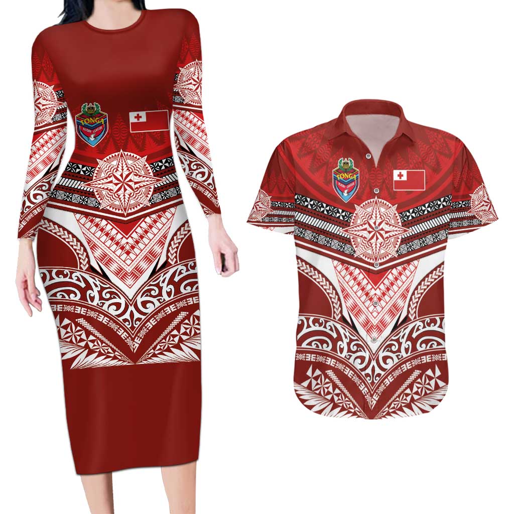 Tonga Rugby Custom Couples Matching Long Sleeve Bodycon Dress and Hawaiian Shirt Mana o Tonga-Tribal Heritage Edition Red Color - Polynesian Pride