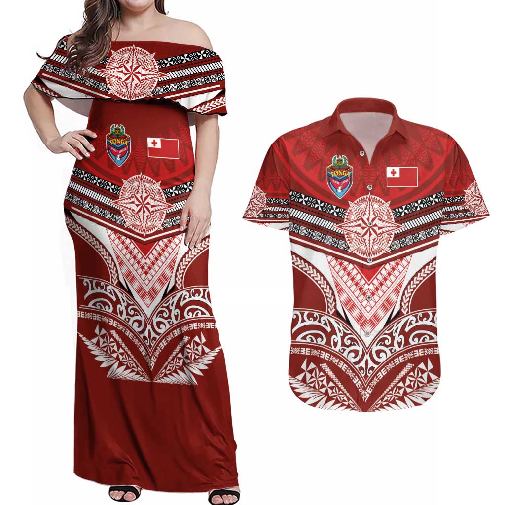Tonga Rugby Custom Couples Matching Off Shoulder Maxi Dress and Hawaiian Shirt Mana o Tonga-Tribal Heritage Edition Red Color - Polynesian Pride