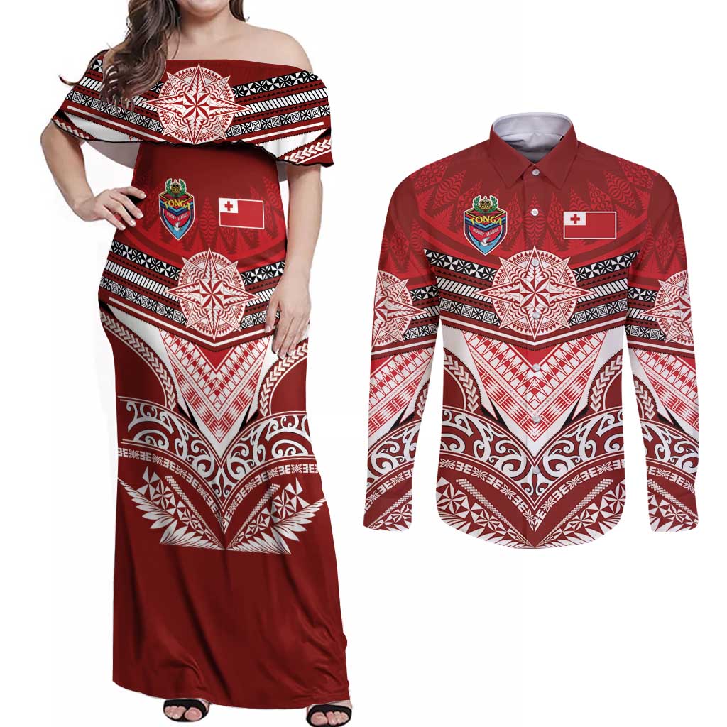 Tonga Rugby Custom Couples Matching Off Shoulder Maxi Dress and Long Sleeve Button Shirt Mana o Tonga-Tribal Heritage Edition Red Color - Polynesian Pride