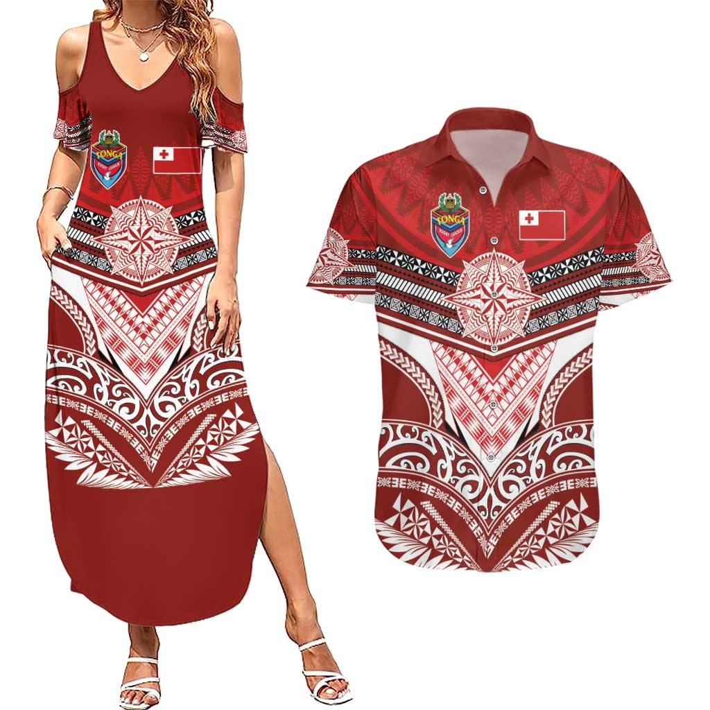 Tonga Rugby Custom Couples Matching Summer Maxi Dress and Hawaiian Shirt Mana o Tonga-Tribal Heritage Edition Red Color - Polynesian Pride