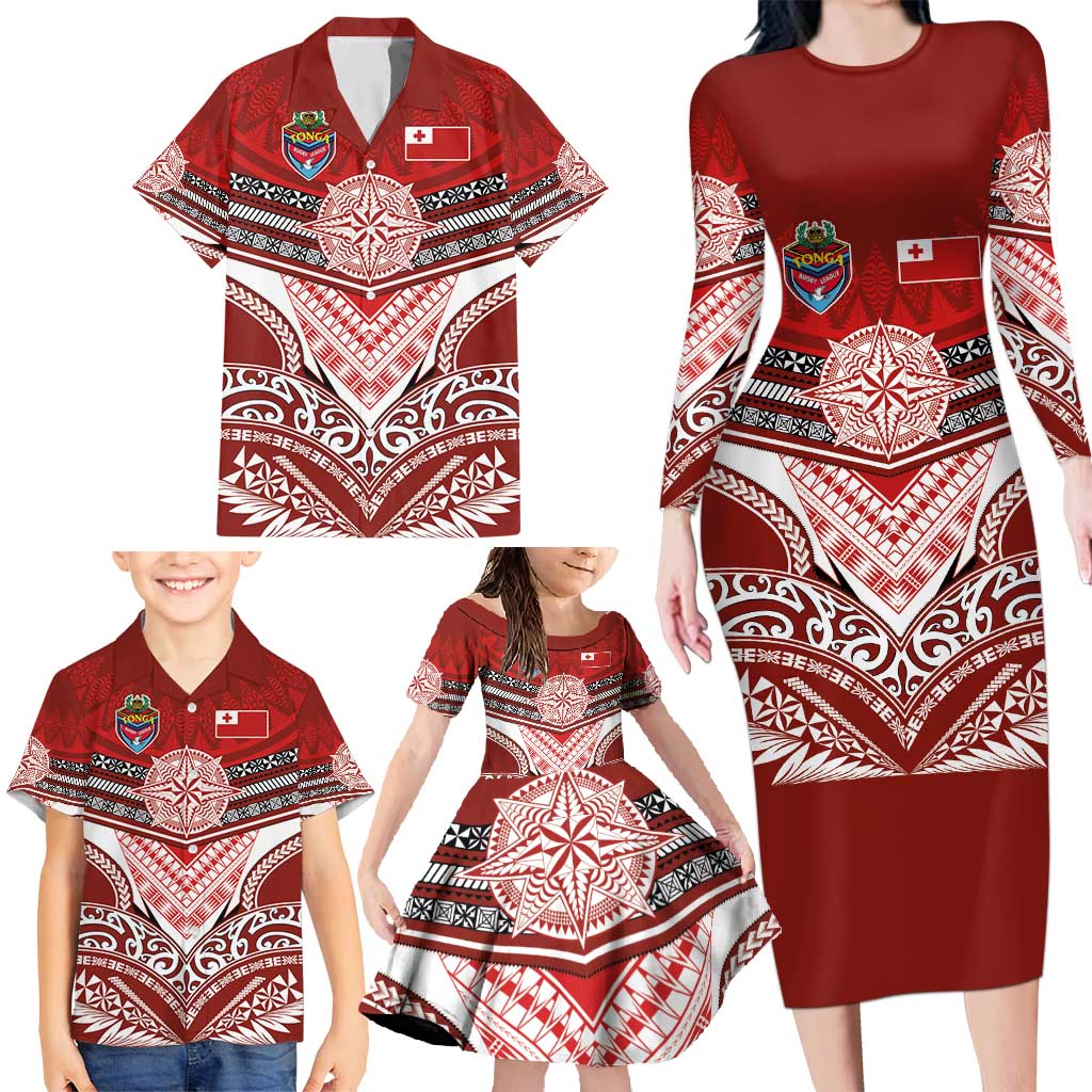 Tonga Rugby Custom Family Matching Long Sleeve Bodycon Dress and Hawaiian Shirt Mana o Tonga-Tribal Heritage Edition Red Color - Polynesian Pride