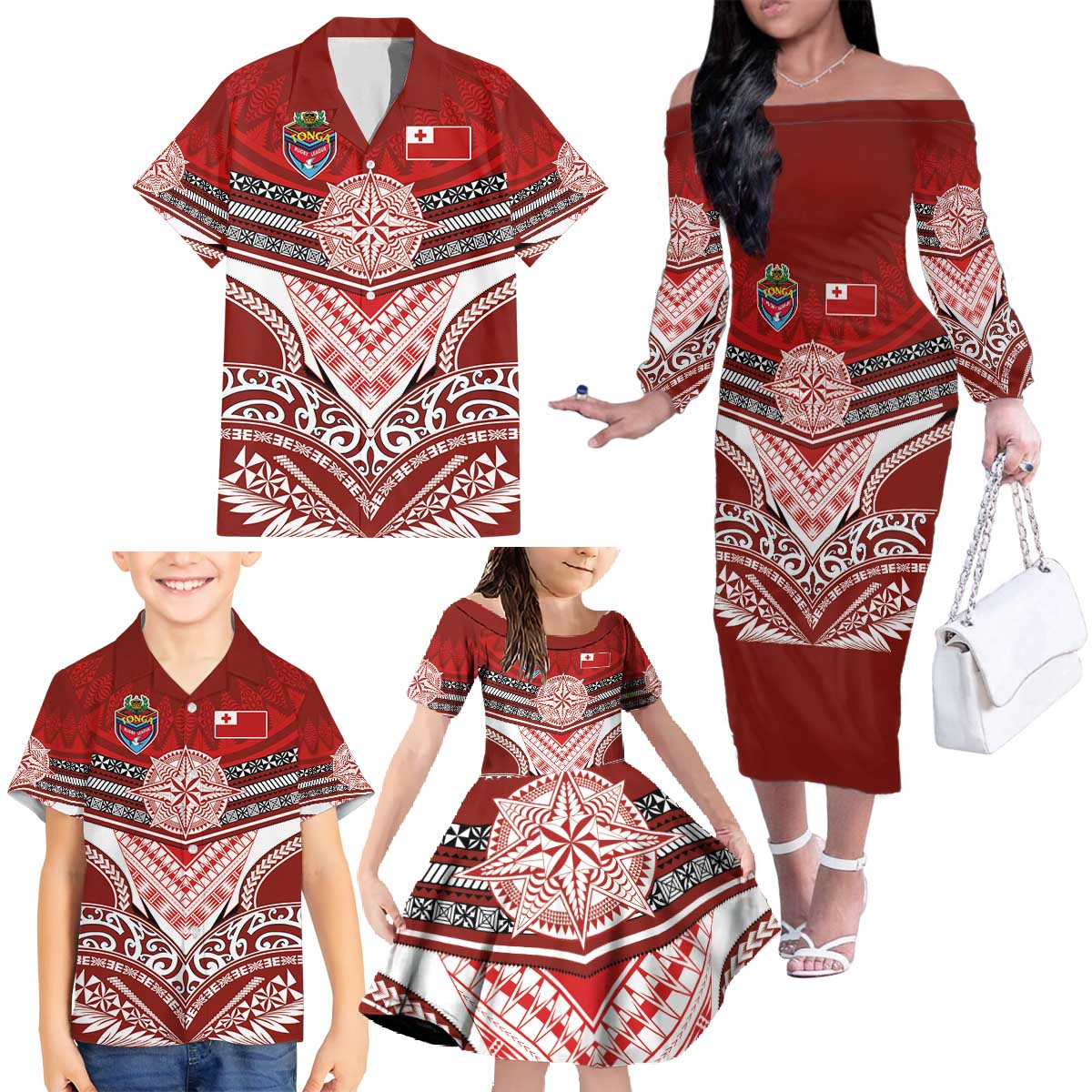 Tonga Rugby Custom Family Matching Off The Shoulder Long Sleeve Dress and Hawaiian Shirt Mana o Tonga-Tribal Heritage Edition Red Color - Polynesian Pride