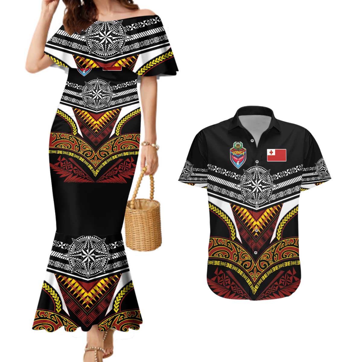 Tonga Rugby Custom Couples Matching Mermaid Dress and Hawaiian Shirt Mana o Tonga-Tribal Heritage Edition Black Color - Polynesian Pride