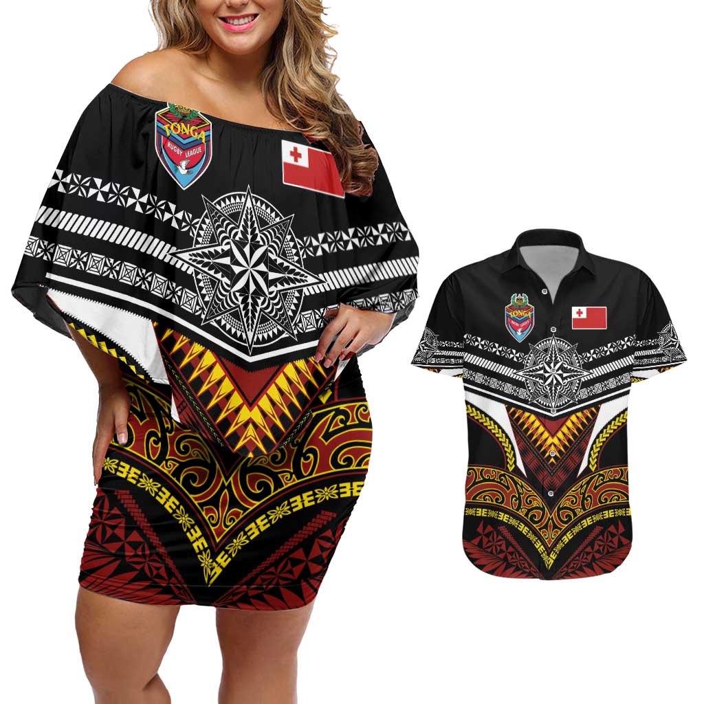 Tonga Rugby Custom Couples Matching Off Shoulder Short Dress and Hawaiian Shirt Mana o Tonga-Tribal Heritage Edition Black Color - Polynesian Pride