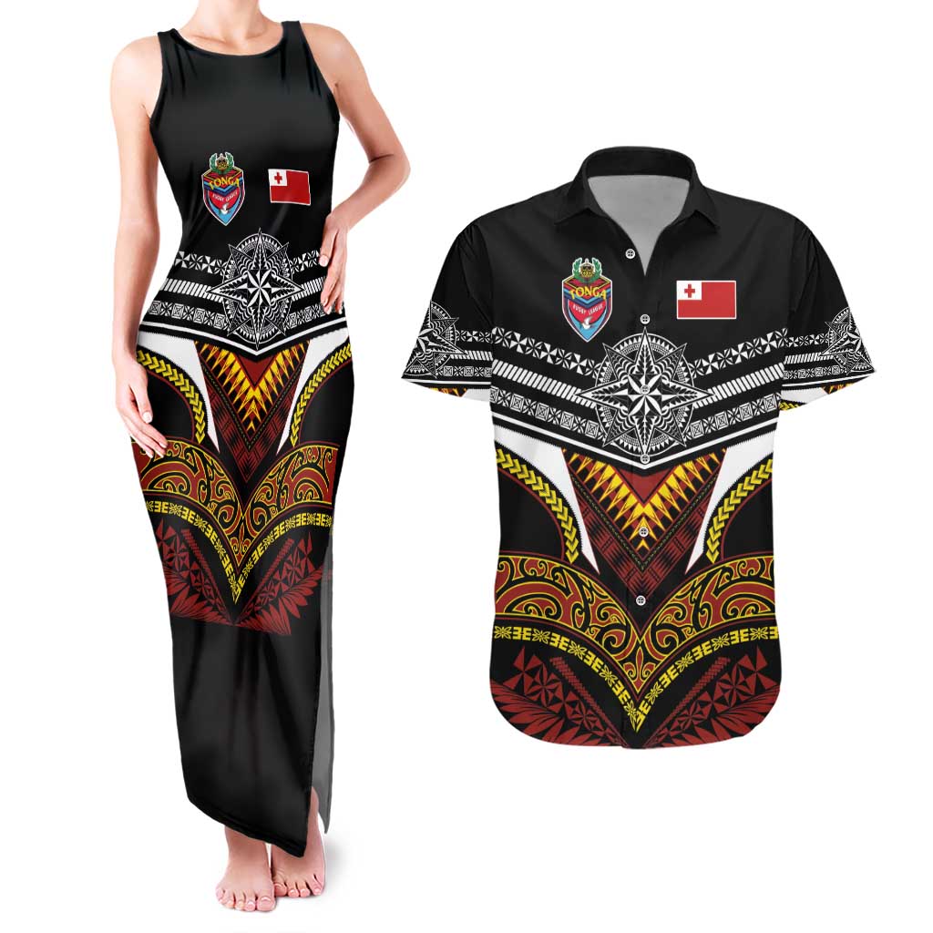 Tonga Rugby Custom Couples Matching Tank Maxi Dress and Hawaiian Shirt Mana o Tonga-Tribal Heritage Edition Black Color - Polynesian Pride