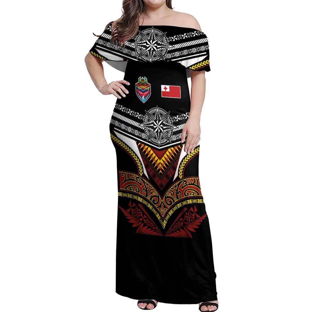 Tonga Rugby Custom Off Shoulder Maxi Dress Mana o Tonga-Tribal Heritage Edition Black Color - Polynesian Pride