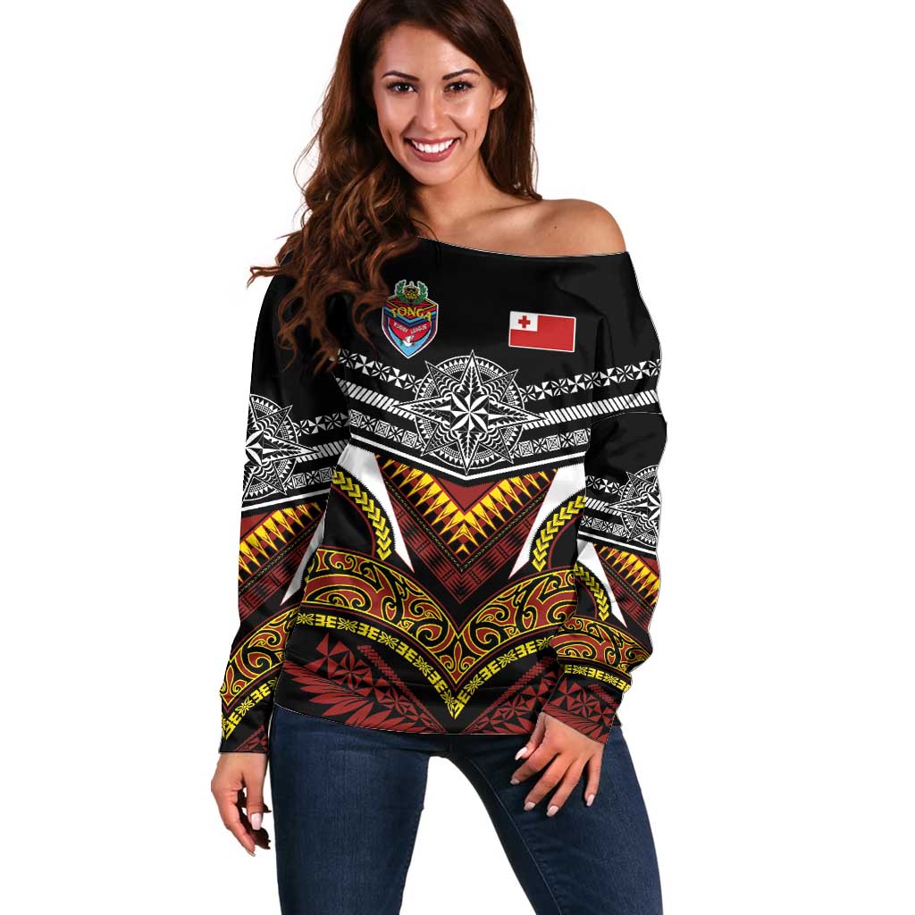 Tonga Rugby Custom Off Shoulder Sweater Mana o Tonga-Tribal Heritage Edition Black Color - Polynesian Pride