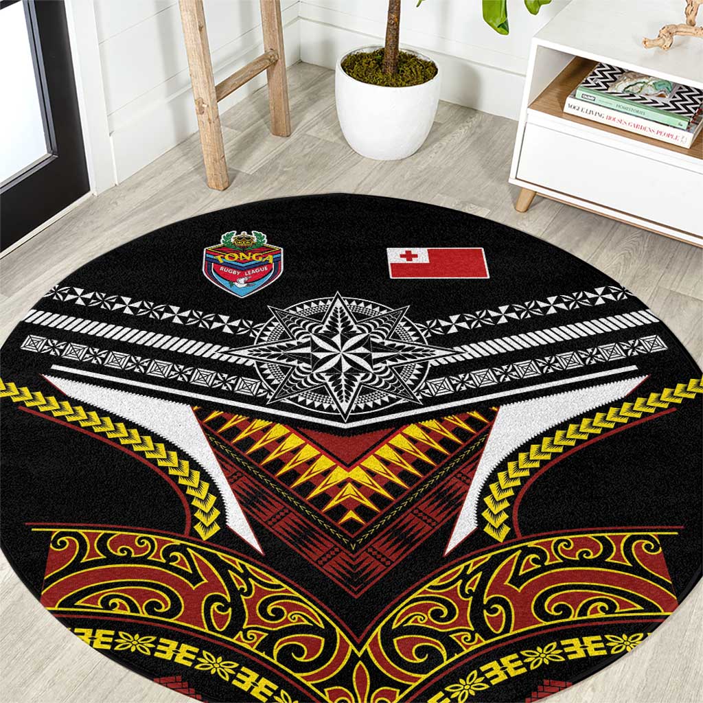 Tonga Rugby Round Carpet Mana o Tonga-Tribal Heritage Edition Black Color - Polynesian Pride