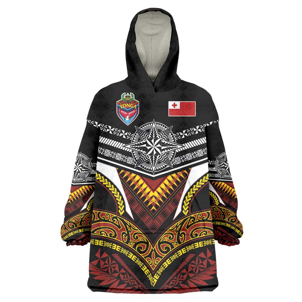 Tonga Rugby Custom Wearable Blanket Hoodie Mana o Tonga-Tribal Heritage Edition Black Color - Polynesian Pride