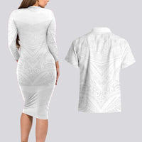 Tonga White Sunday Couples Matching Long Sleeve Bodycon Dress and Hawaiian Shirt Tongan Tribal Heritage Tattoos - Polynesian Pride