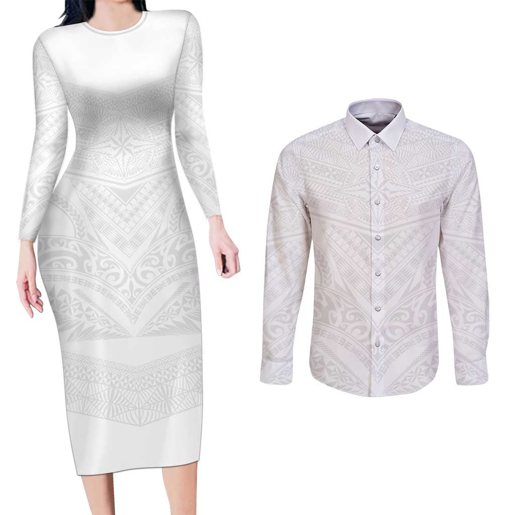 Tonga White Sunday Couples Matching Long Sleeve Bodycon Dress and Long Sleeve Button Shirt Tongan Tribal Heritage Tattoos - Polynesian Pride