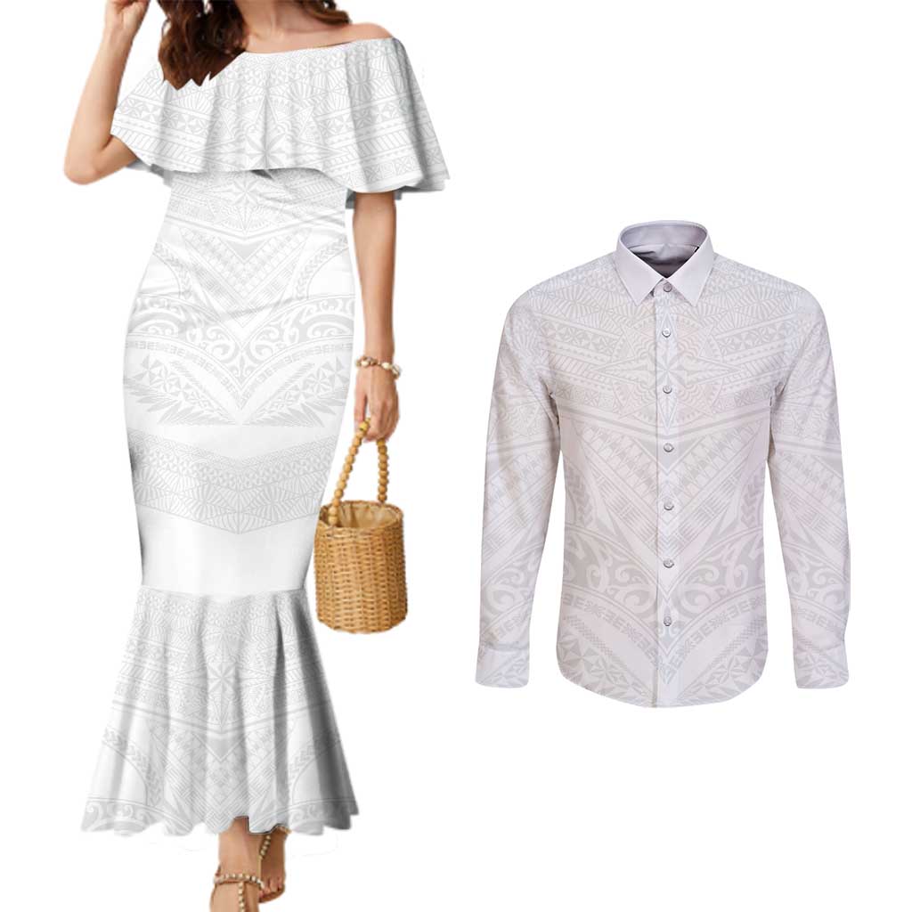 Tonga White Sunday Couples Matching Mermaid Dress and Long Sleeve Button Shirt Tongan Tribal Heritage Tattoos - Polynesian Pride
