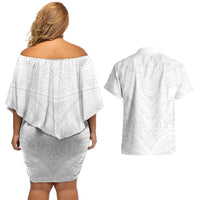 Tonga White Sunday Couples Matching Off Shoulder Short Dress and Hawaiian Shirt Tongan Tribal Heritage Tattoos - Polynesian Pride