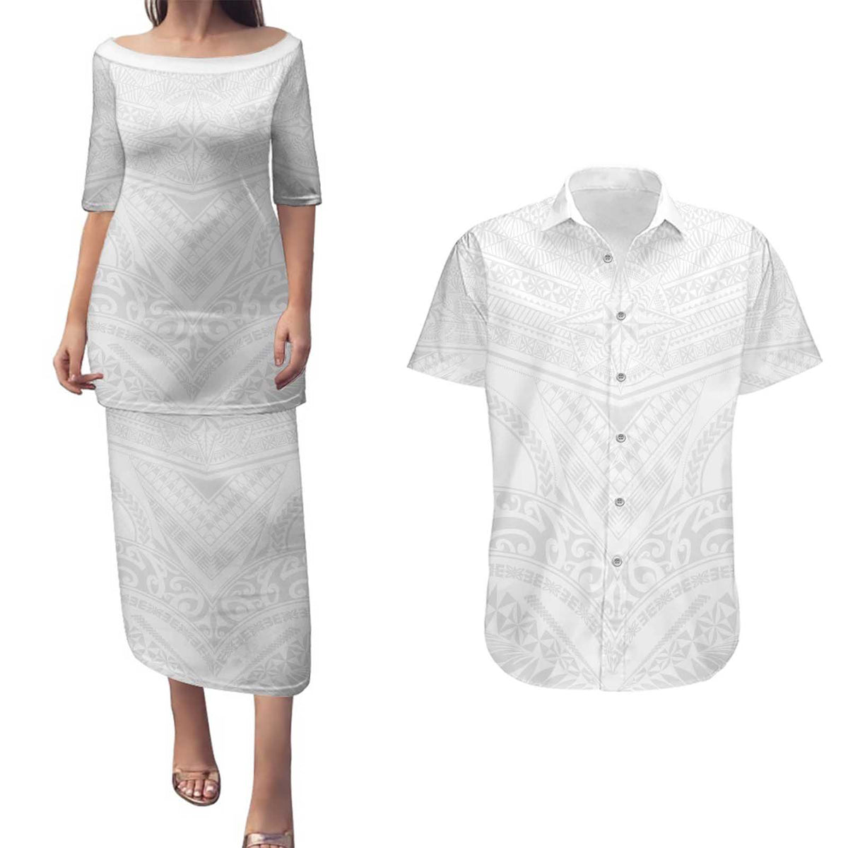 Tonga White Sunday Couples Matching Puletasi and Hawaiian Shirt Tongan Tribal Heritage Tattoos - Polynesian Pride