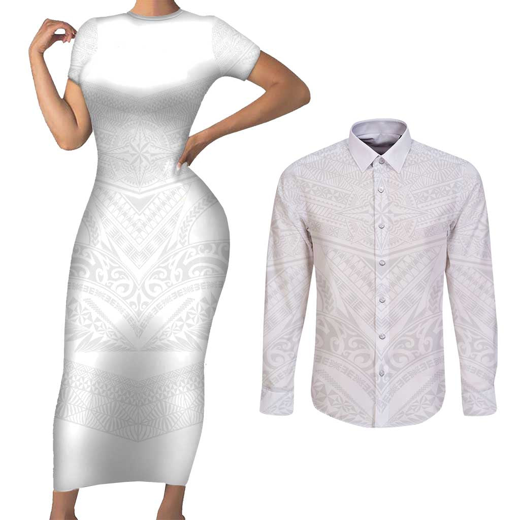 Tonga White Sunday Couples Matching Short Sleeve Bodycon Dress and Long Sleeve Button Shirt Tongan Tribal Heritage Tattoos - Polynesian Pride