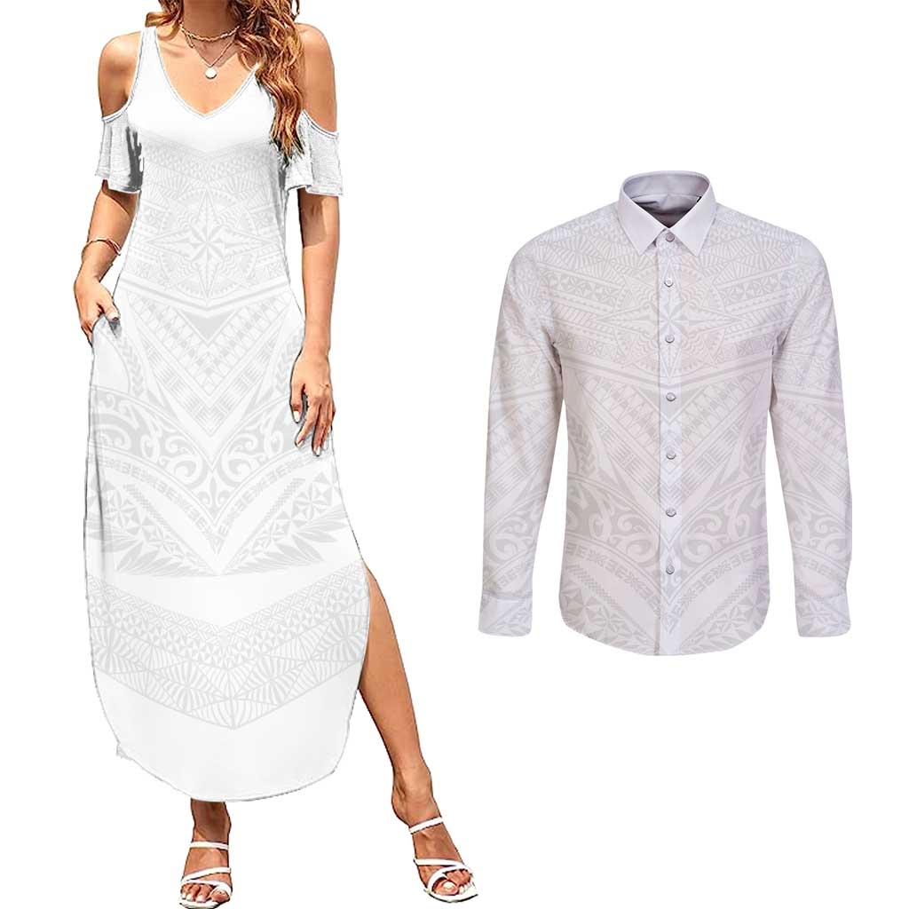 Tonga White Sunday Couples Matching Summer Maxi Dress and Long Sleeve Button Shirt Tongan Tribal Heritage Tattoos - Polynesian Pride