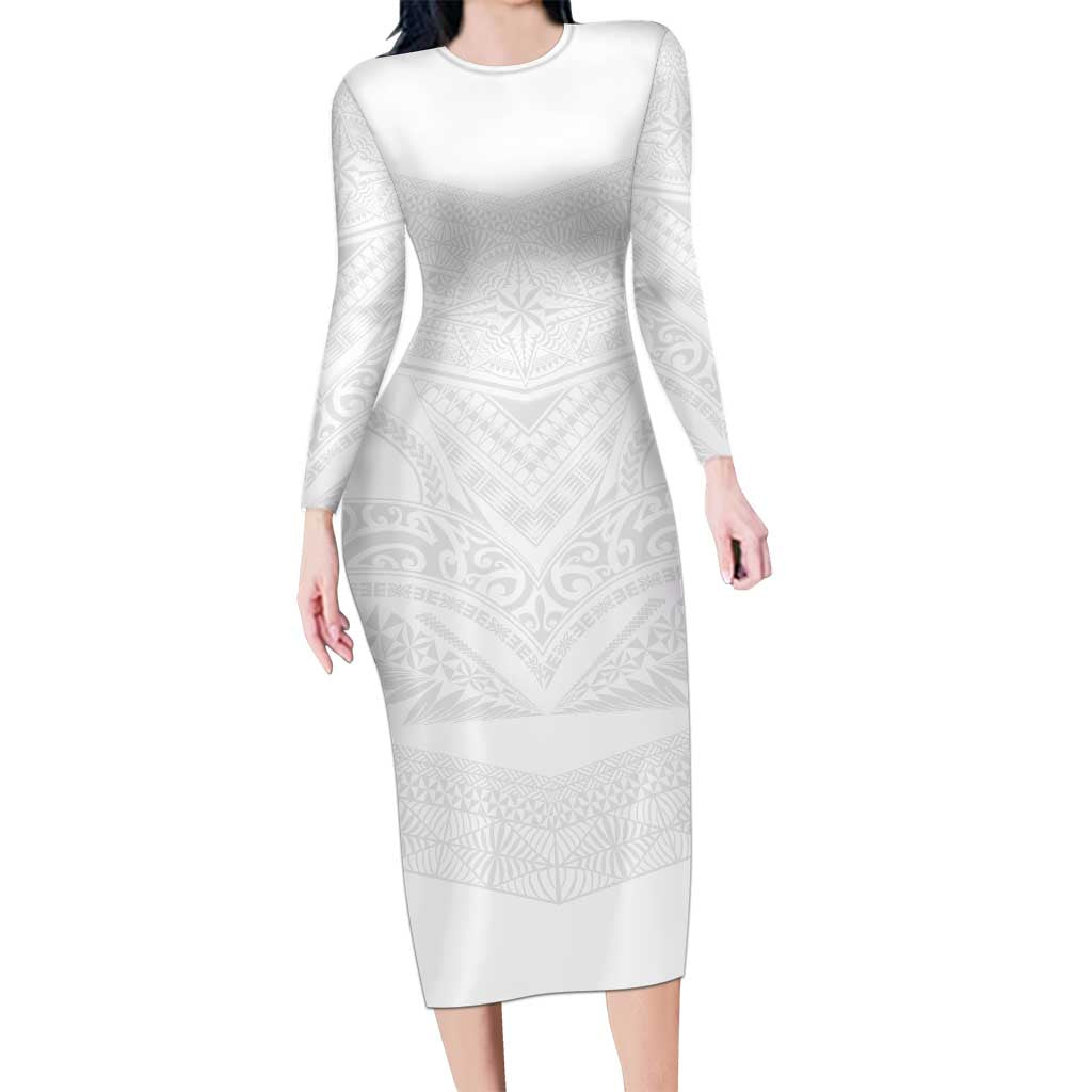 Tonga White Sunday Long Sleeve Bodycon Dress Tongan Tribal Heritage Tattoos - Polynesian Pride