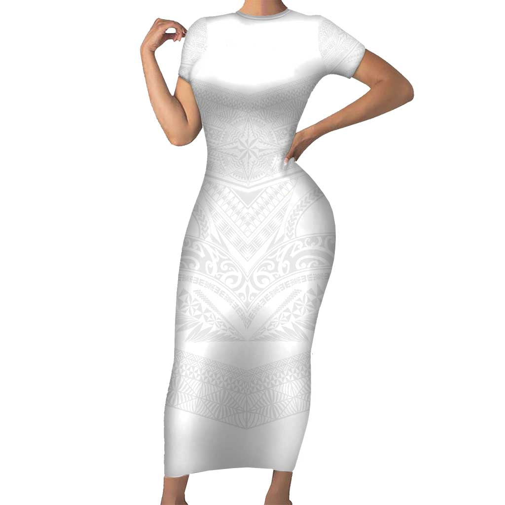 Tonga White Sunday Short Sleeve Bodycon Dress Tongan Tribal Heritage Tattoos - Polynesian Pride
