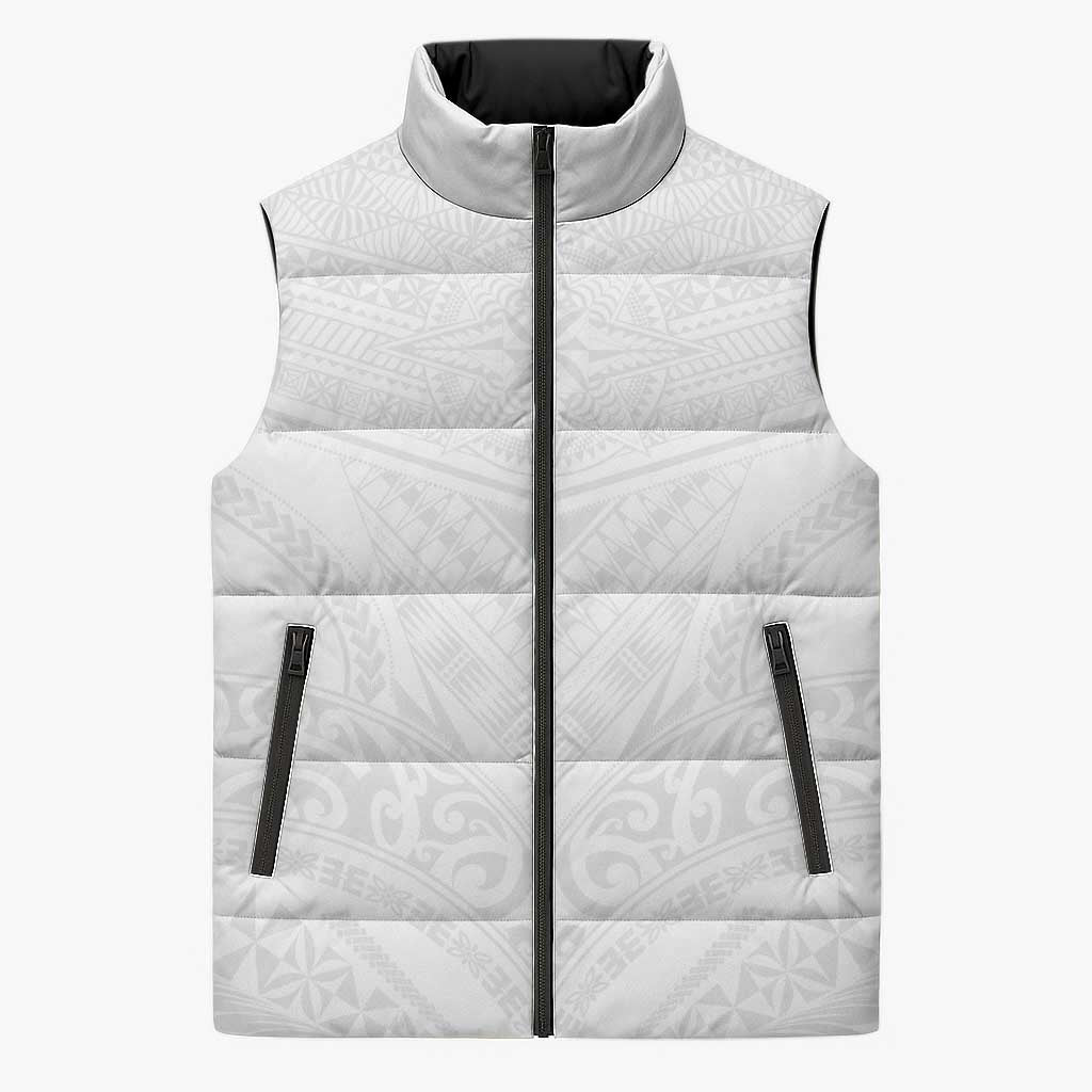Tonga White Sunday Sleeveless Puffer Jacket Tongan Tribal Heritage Tattoos - Polynesian Pride