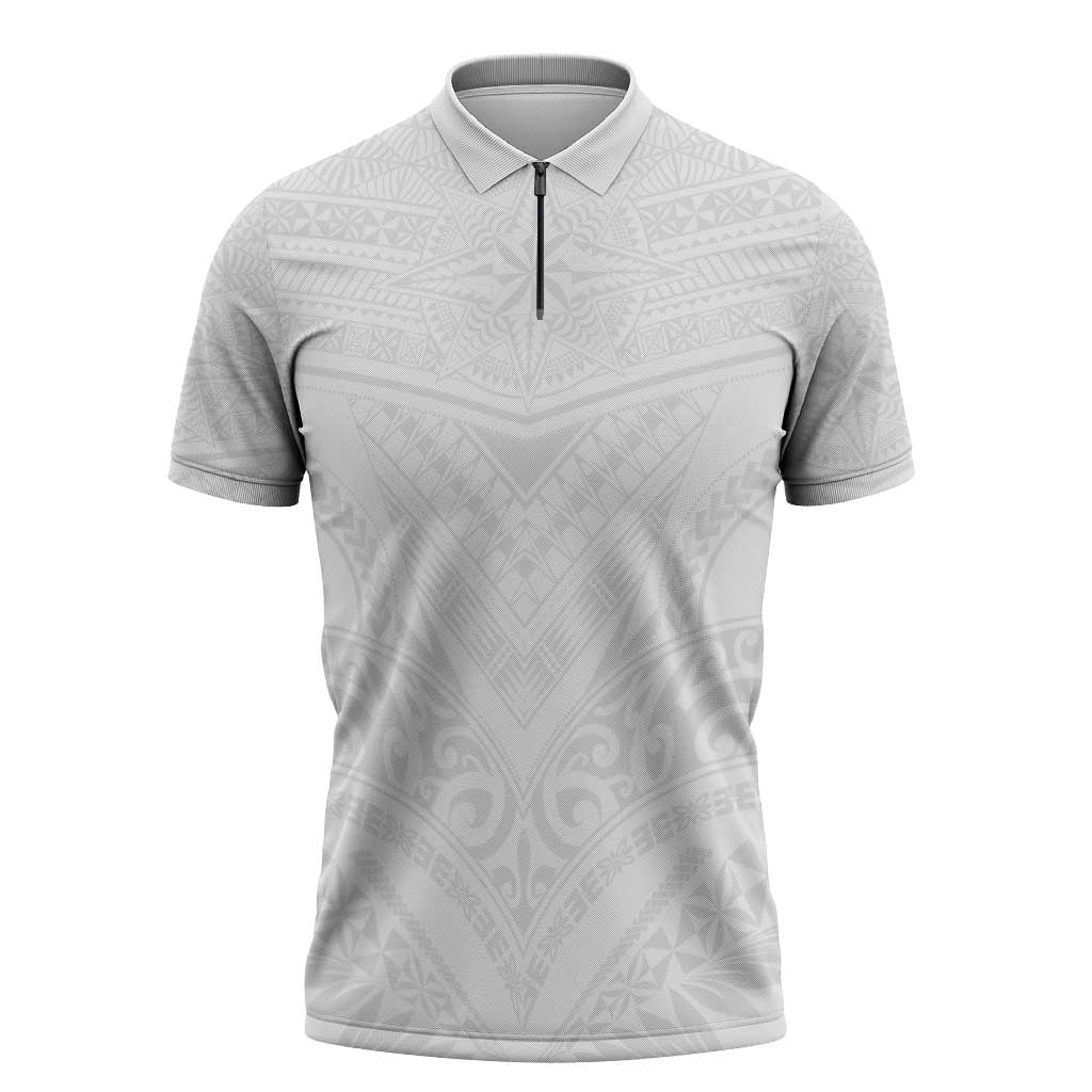 Tonga White Sunday Zipper Polo Shirt Tongan Tribal Heritage Tattoos - Polynesian Pride